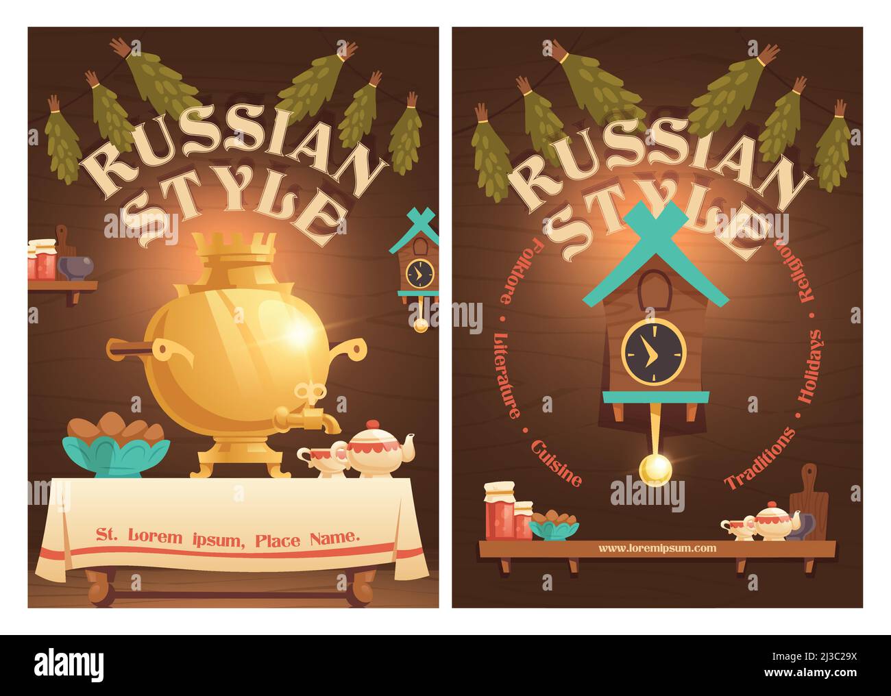Russian style cartoon poster with old rural kitchen interior stuff samovar on table with teapot and bakery in plates, Cuckoo-clock, jam and utensils o Stock Vector