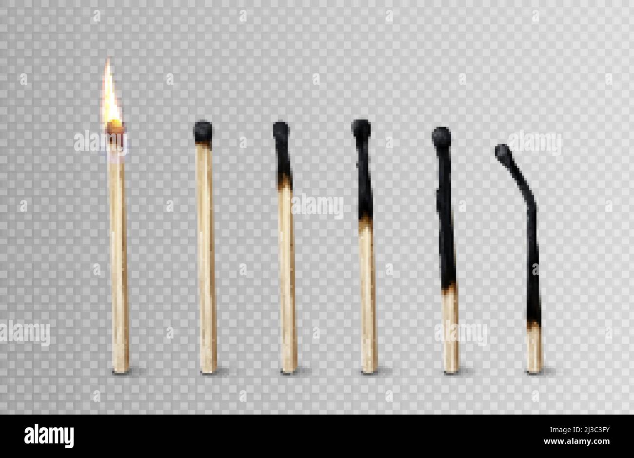 Stages of match burning from fire to burnt wooden stick, matchsticks