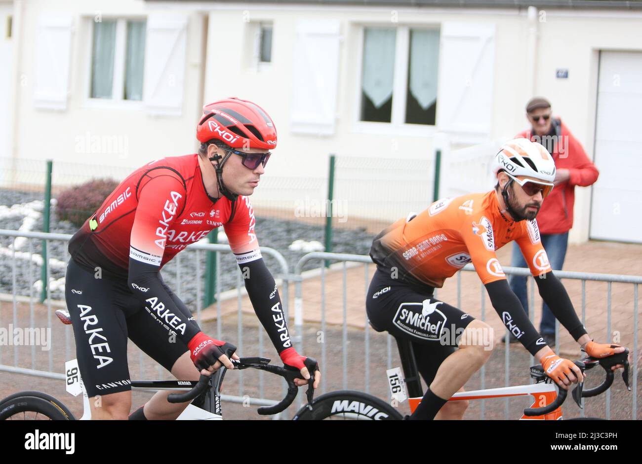 Alan Riou of Team Arkea - Samsic and Anthony Maldonado of Saint Michel -  Auber 93 during the Circuit cycliste Sarthe – Pays de la Loire 2022, Stage  3, Sablé-sur-Sarthe - Sablé-sur-Sarthe (