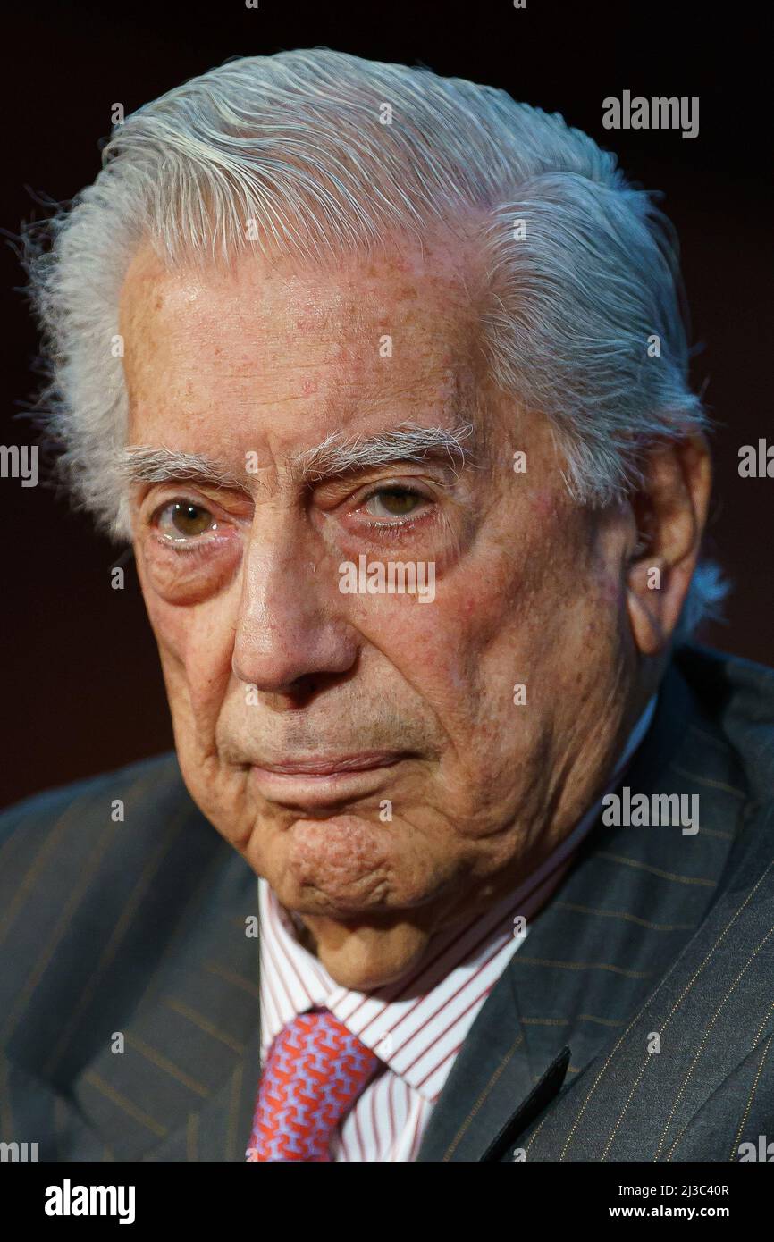 Madrid, Spain. 07th Apr, 2022. The writer and Nobel Prize winner Mario Vargas Llosa presents the book 'The Still Gaze (by Pérez Galdós)' (La mirada quieta) at the Ateneo de Madrid in Spain. Vargas Llosa, who won the Nobel Prize for Literature in 2010, has written this essay based on the analysis of the novels, plays, and the National Episodes of Benito Perez Galdos. With this publication, Llosa creates a complete and personal profile of the Spanish writer. Credit: SOPA Images Limited/Alamy Live News Stock Photo