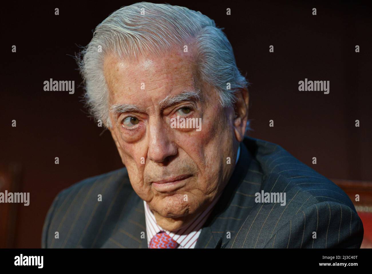 Madrid, Spain. 07th Apr, 2022. The writer and Nobel Prize winner Mario Vargas Llosa presents the book 'The Still Gaze (by Pérez Galdós)' (La mirada quieta) at the Ateneo de Madrid in Spain. Vargas Llosa, who won the Nobel Prize for Literature in 2010, has written this essay based on the analysis of the novels, plays, and the National Episodes of Benito Perez Galdos. With this publication, Llosa creates a complete and personal profile of the Spanish writer. Credit: SOPA Images Limited/Alamy Live News Stock Photo