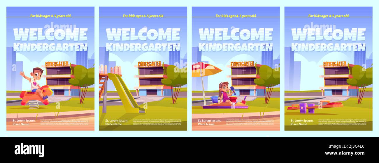 Welcome to kindergarten ad posters, invitation for kids to educational playschool. Nursery school with children on playground. Day care center for bab Stock Vector