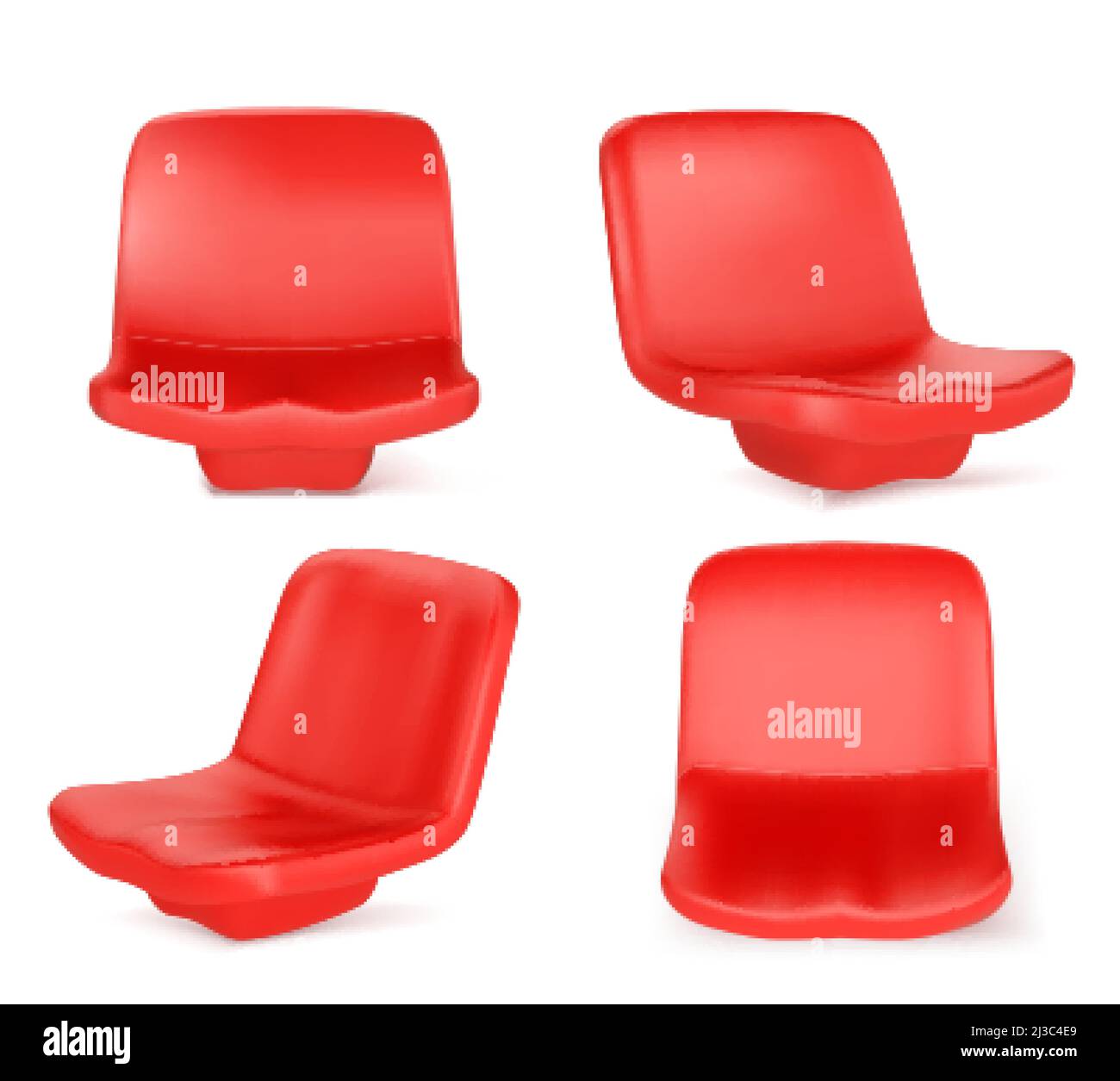 Stadium seats, red plastic chairs front and angle view. Equipment, place for visitors of outdoor competition or performance, design elements isolated Stock Vector