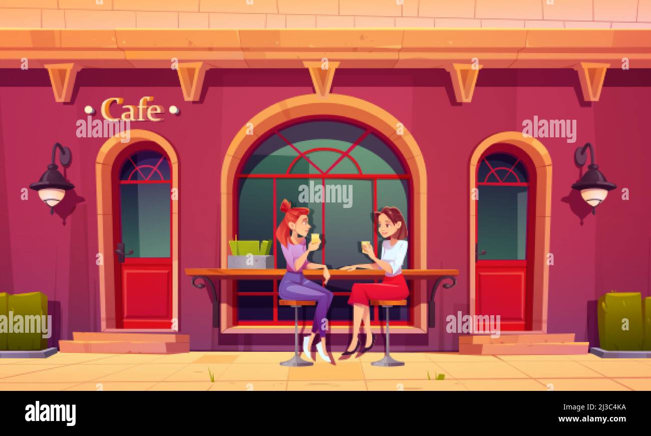 Girls on outdoor cafe terrace. Women drink tea and talking sit on high stools at wooden counter bar. Visitors relax in retro style coffee shop patio w Stock Vector