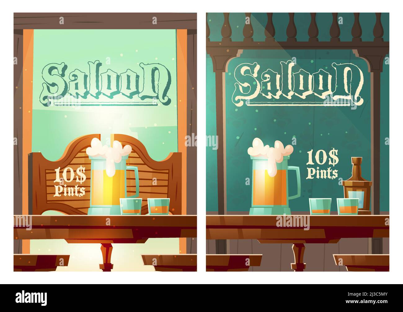 Cowboy saloon cartoon banner, glass tankards with foamy beer and shots with alcohol drinks stand on wooden old style table in wild west tavern. Invita Stock Vector