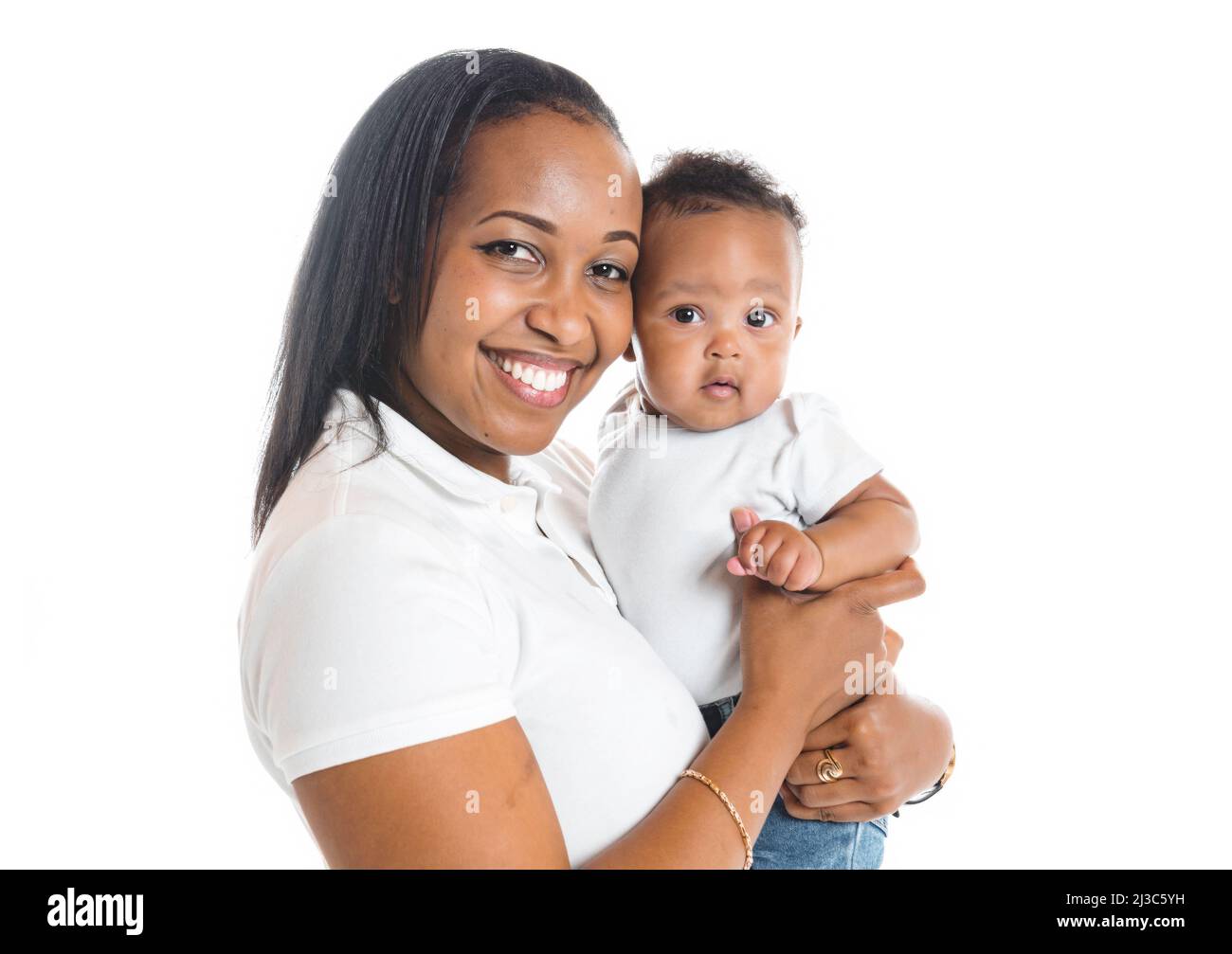 Portrait Of Beautiful African Woman Holding On Hands Her Little Son On White Background Stock