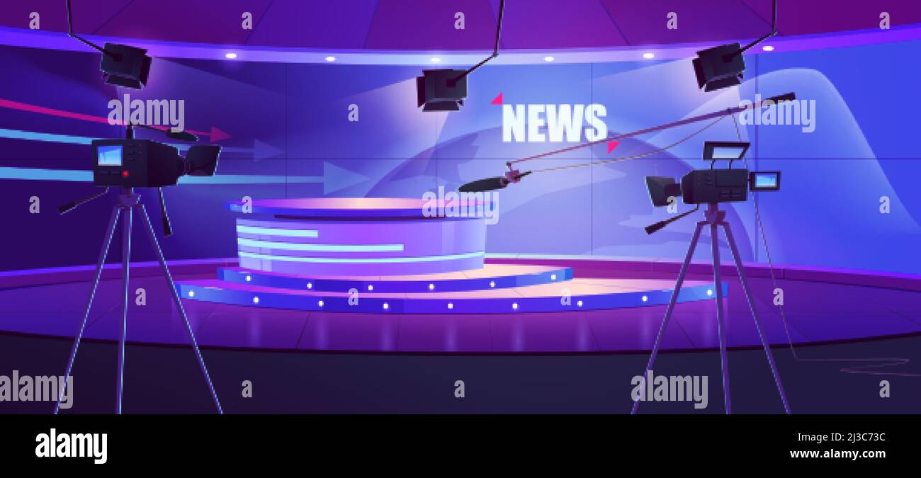 Tv news studio, television broadcast room interior with round table and