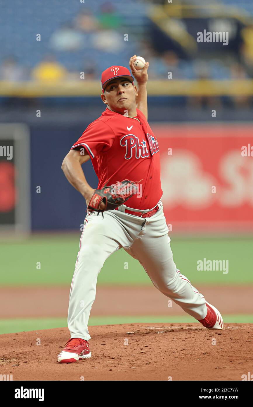 St. Petersburg, FL USA: Philadelphia Phillies relief pitcher Ranger Suarez  (55) delivers a pitch during a spring training baseball game against the  Tampa Bay Rays, Wednesday, April 6, 2022, at Tropicana Field.