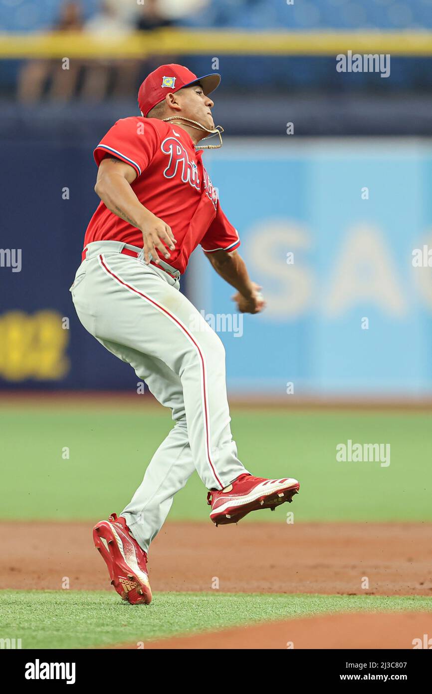 St. Petersburg, FL USA: Philadelphia Phillies starting pitcher Ranger Suarez  (55) dodges a line drive that hit the mound and is still able to field the  ball and throw to first for
