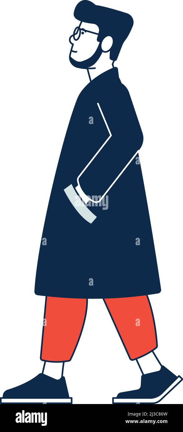 Bearded man in coat walking. Character side view Stock Vector