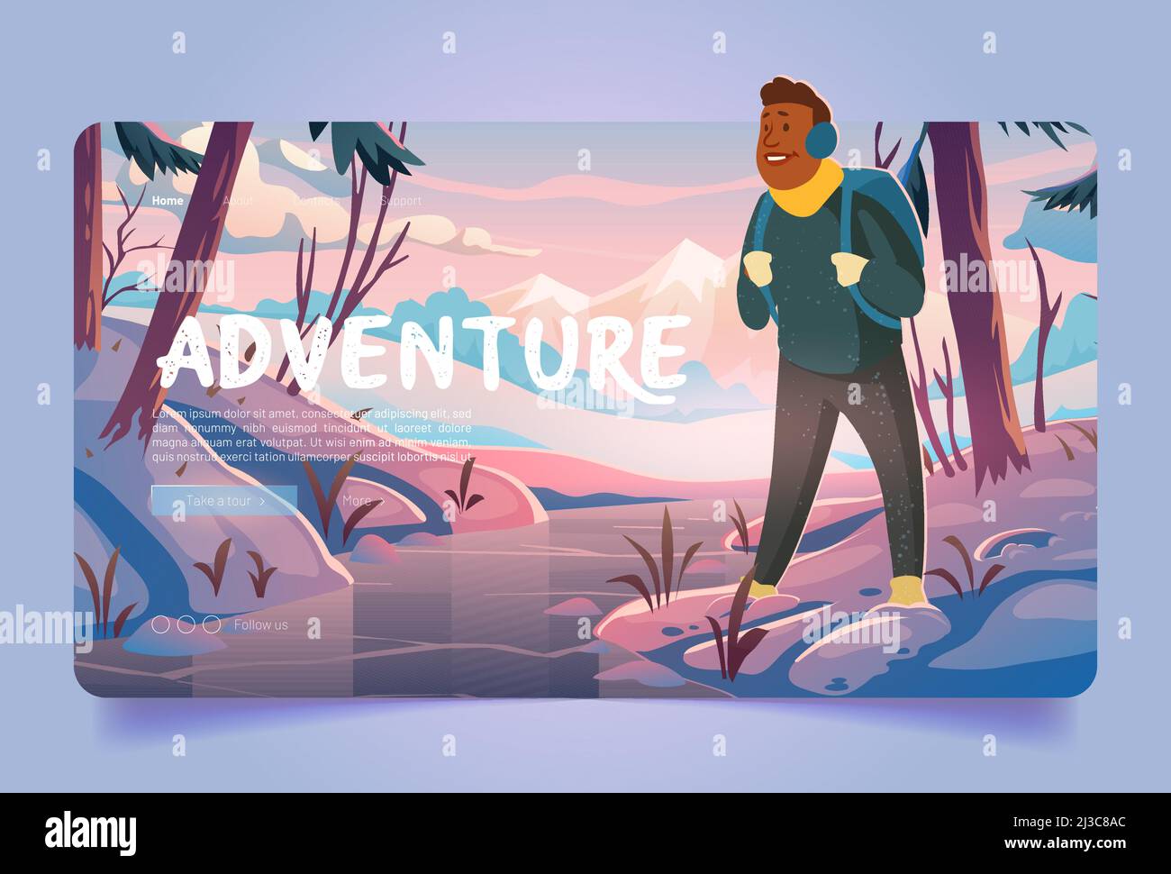 Adventure, travel journey cartoon landing page, traveler at winter ...