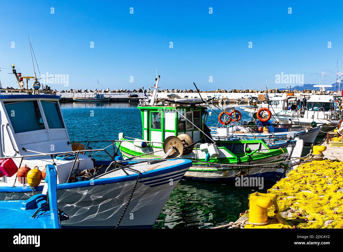 Fishing boats moored in the harbour of Ierapetra, the southernmost city of Europe in Crete Island, Greece, Europe. Stock Photo