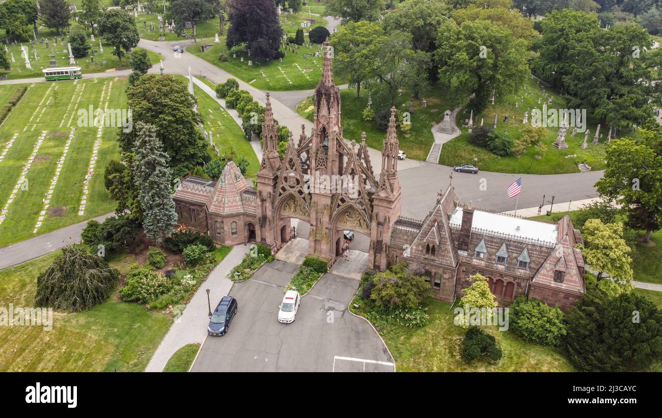 Richard M Upjohns Gothic revival entrance, Green-Wood Cemetery, Brooklyn, New York, USA Stock Photo