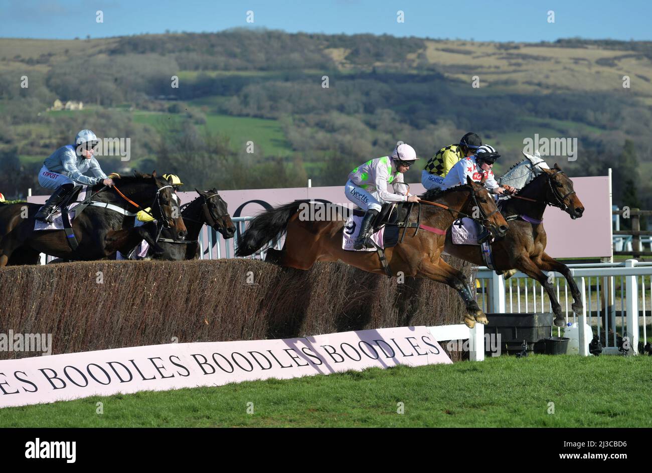 Gold Cup   L2r Royale Pagaille ridden by Charlie Deutsch, Aye Right ridden by Callum Bewley and Asterion Forlonge ridden by Bryan Cooper jumping along Stock Photo