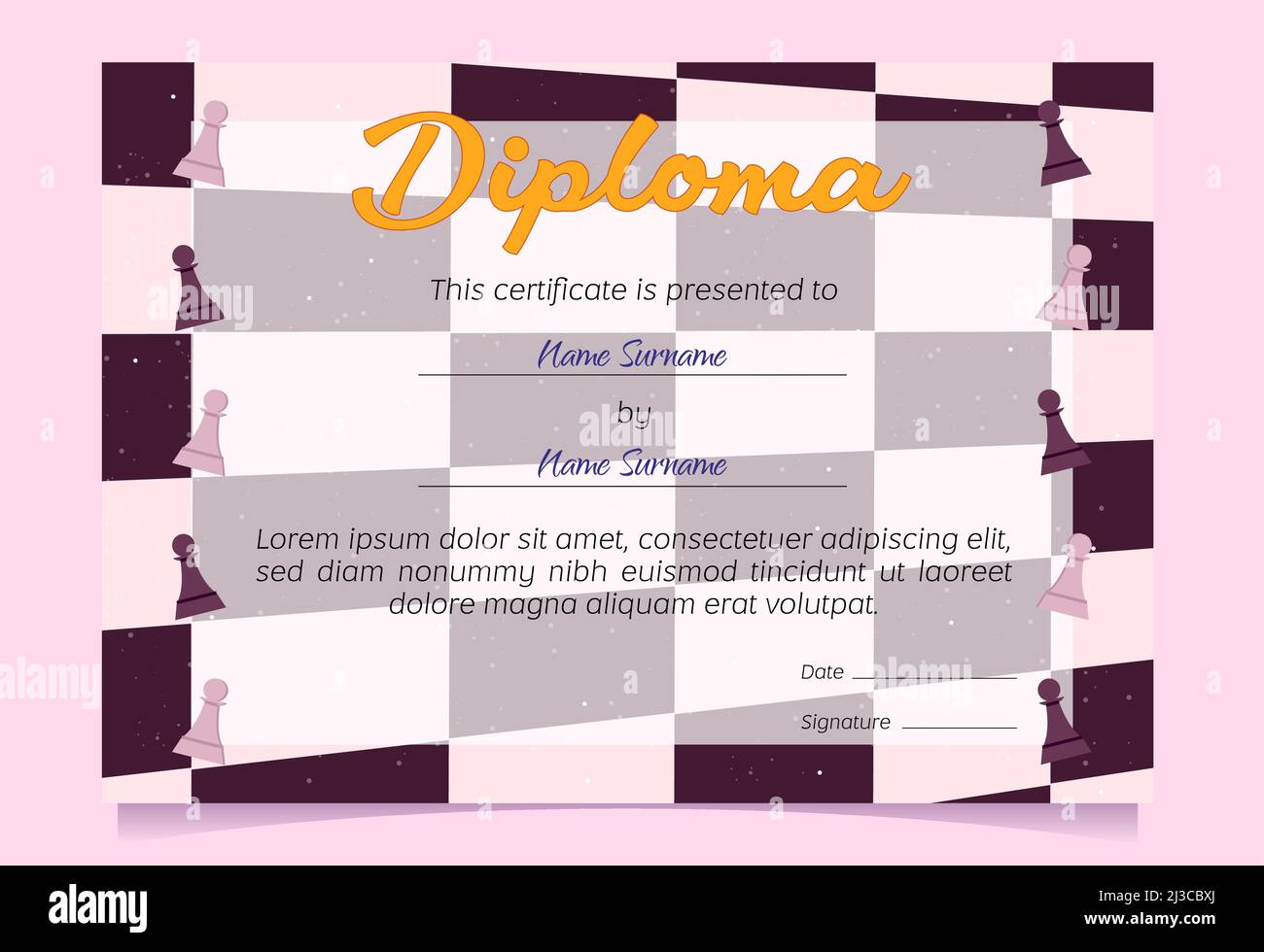 Diploma presented to winner in chess game. Vector certificate template for award merit in competition or celebration graduation with cartoon chessboar Stock Vector