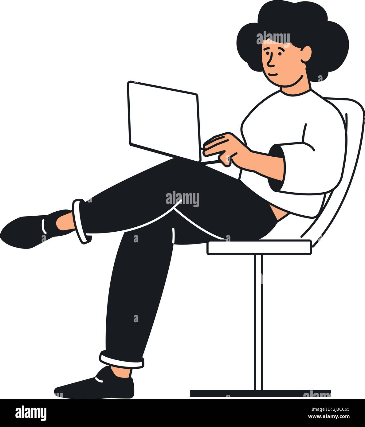 Woman with laptop sitting on chair. Social media work Stock Vector