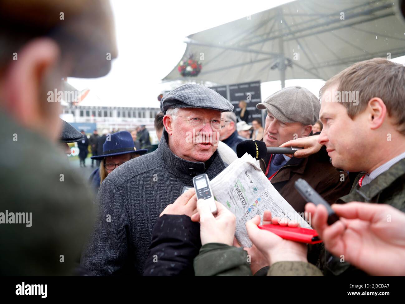 Co-owner Sir Alex Ferguson is interviewed after Clan Des Obeaux wins the Betway Bowl Chase at Aintree Racecourse, Liverpool. Picture date: Thursday April 7, 2022. Stock Photo