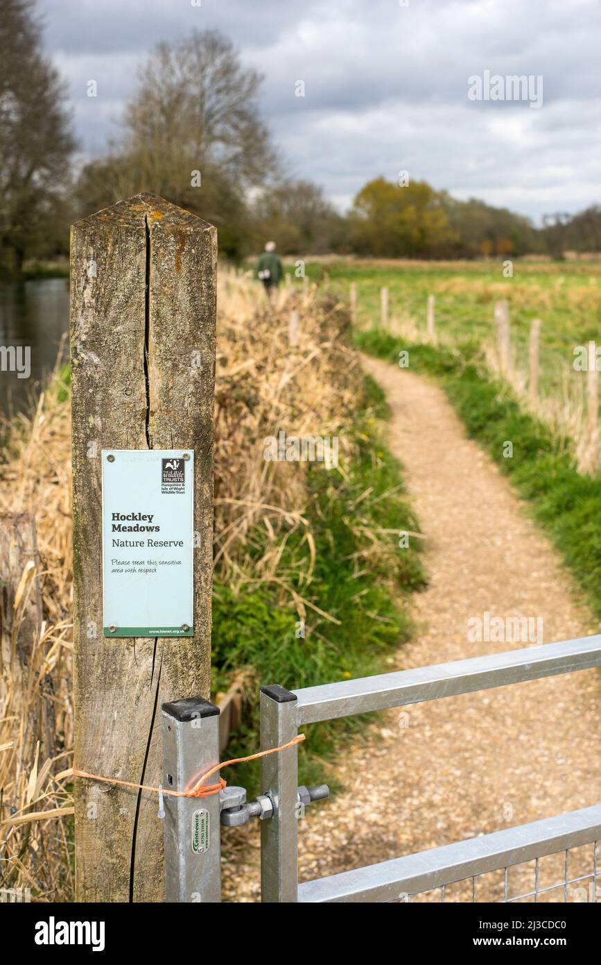 A sign marking the entrance to Hockley Meadows Nature Reserve alongside the River Itchen near Twyford in Hampshire, England Stock Photo