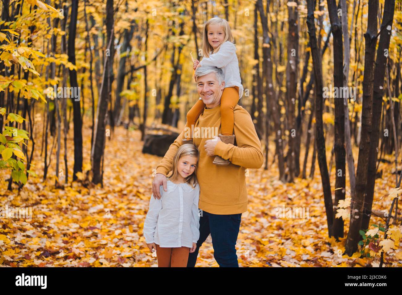 Happy father and daughter in autumn park lying on yellow leaves Stock ...