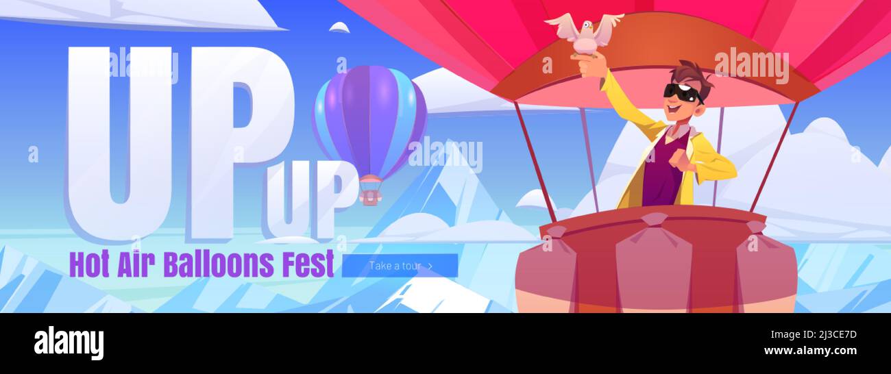 Hot air balloons fest cartoon web banner. Excited tourist with white dove on hand flying up of rocks in blue sky scenery landscape view, ballon festiv Stock Vector