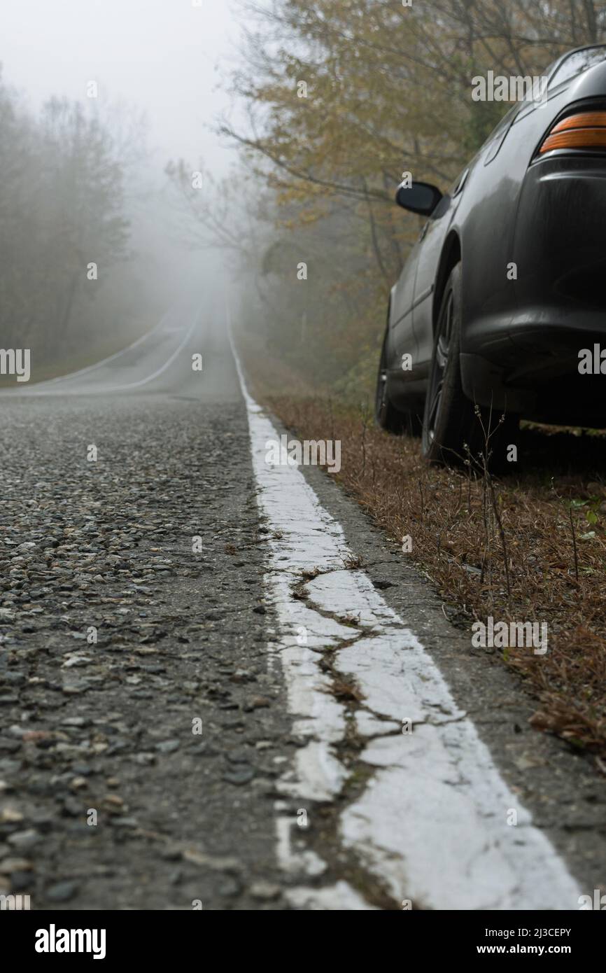 Car standing on the side of a country road in a foggy forest. Asphalt road with cracked white markings goes down Stock Photo