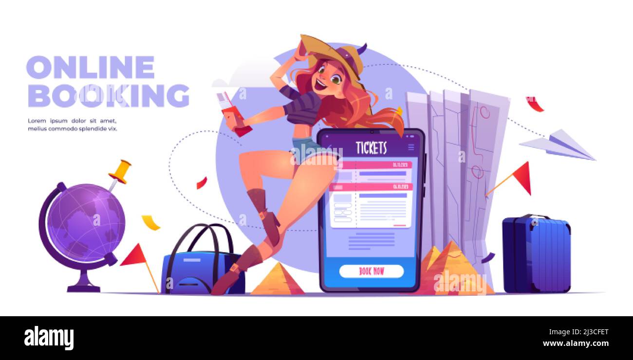 Online booking cartoon banner. Travel service for mobile, girl with tourist app on huge smartphone, luggage, world map, globe, navigation pin and egyp Stock Vector