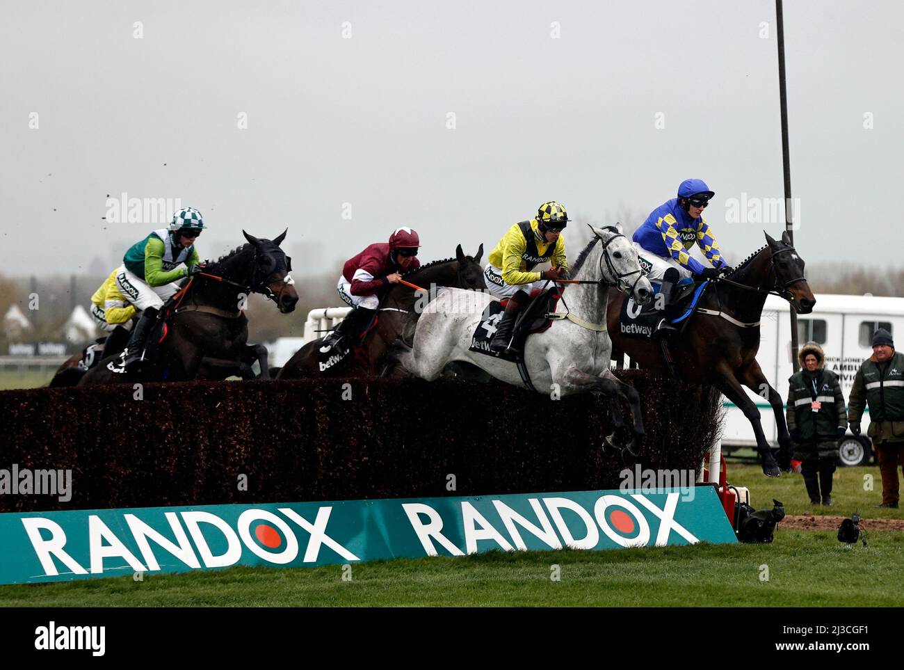 Aintree Racecourse. 7th Apr, 2022. Aintree, Merseyside, England: Grand National Festival, Day 1:Clan des Obeaux the eventual winner of The Betway Bowl Steeple Chase (Class 1) clears the second fence behind Eldorado Allen (4) and Kemboy (6). Credit: Action Plus Sports/Alamy Live News Stock Photo