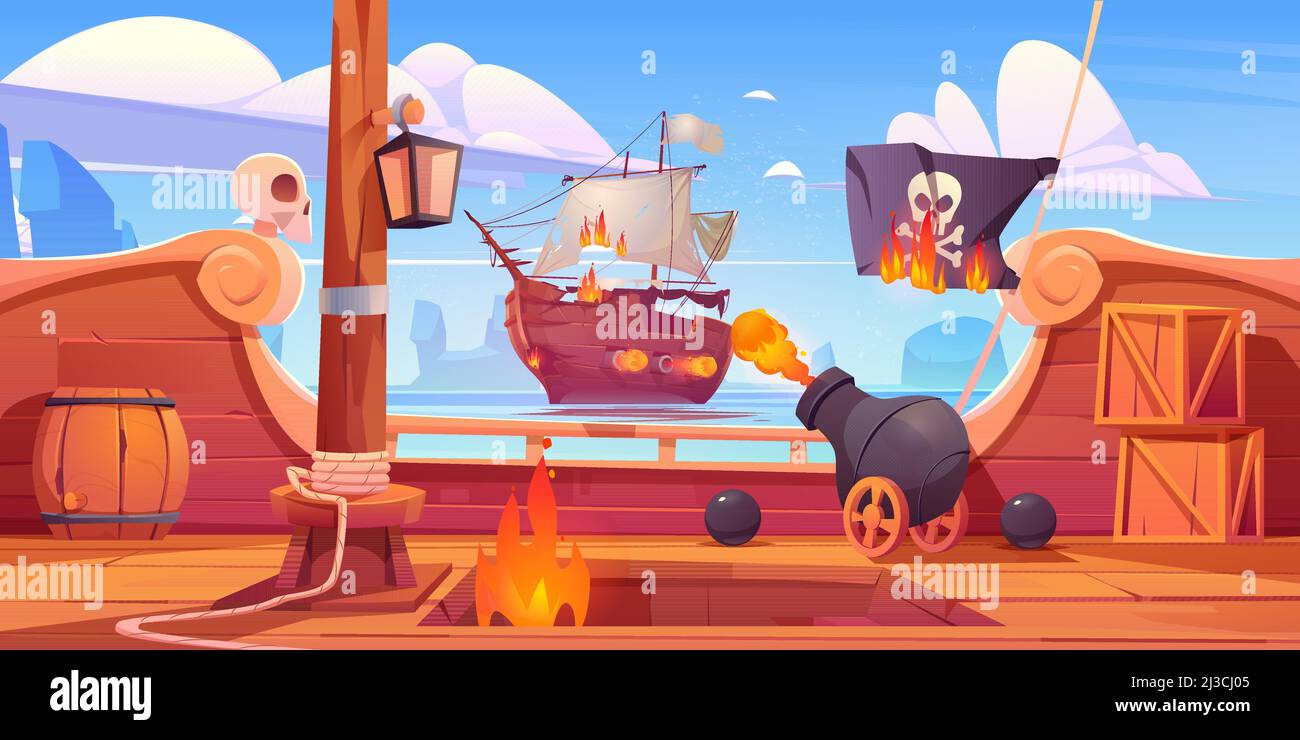 Pirate ship battle, wooden brigantine boat deck onboard view with cannon fire to enemy frigate, burning jolly roger flag, flame ragging in open hold o Stock Vector