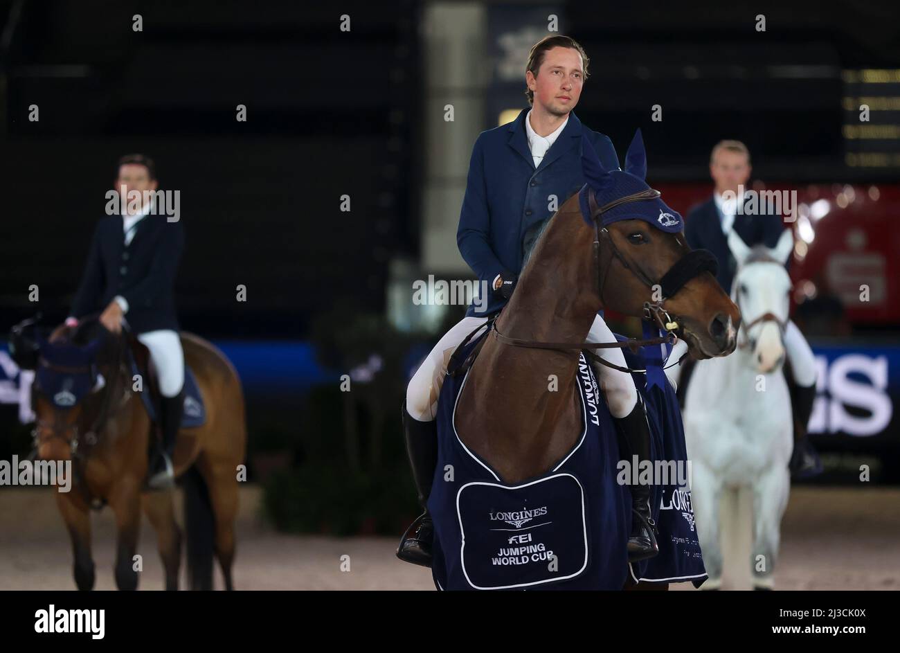 Leipzig, Germany. 07th Apr, 2022. Martin Fuchs from Switzerland wins the 1st final of the Longines Fei Jumping World Cup at the Leipzig Fair on Chaplin. Credit: Jan Woitas/dpa/Alamy Live News Stock Photo