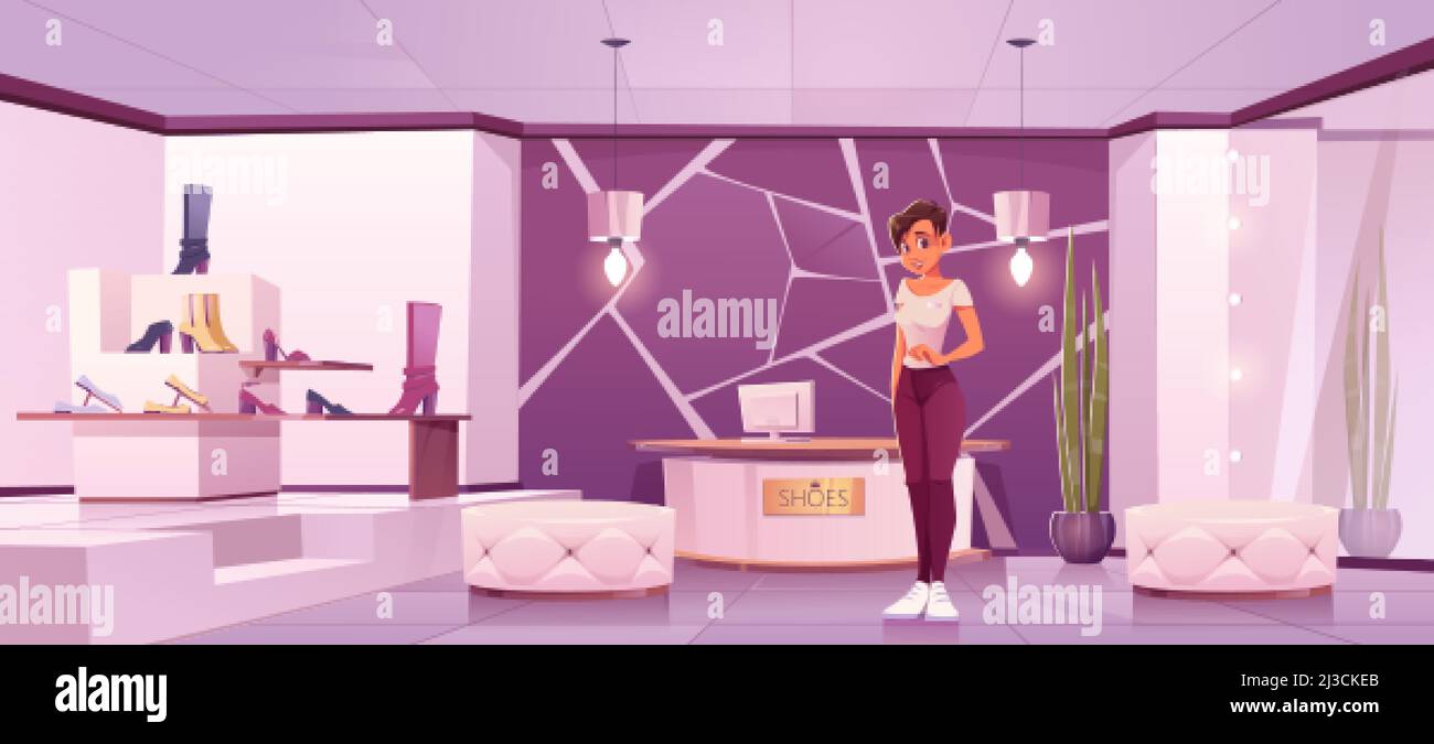 Shoes store with girl seller and women footwear on shelves. Vector
