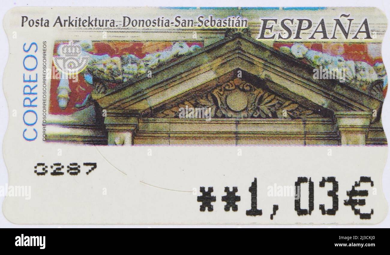 Photo of a Spanish self adhesive postage stamp with an illustration of classical architectural