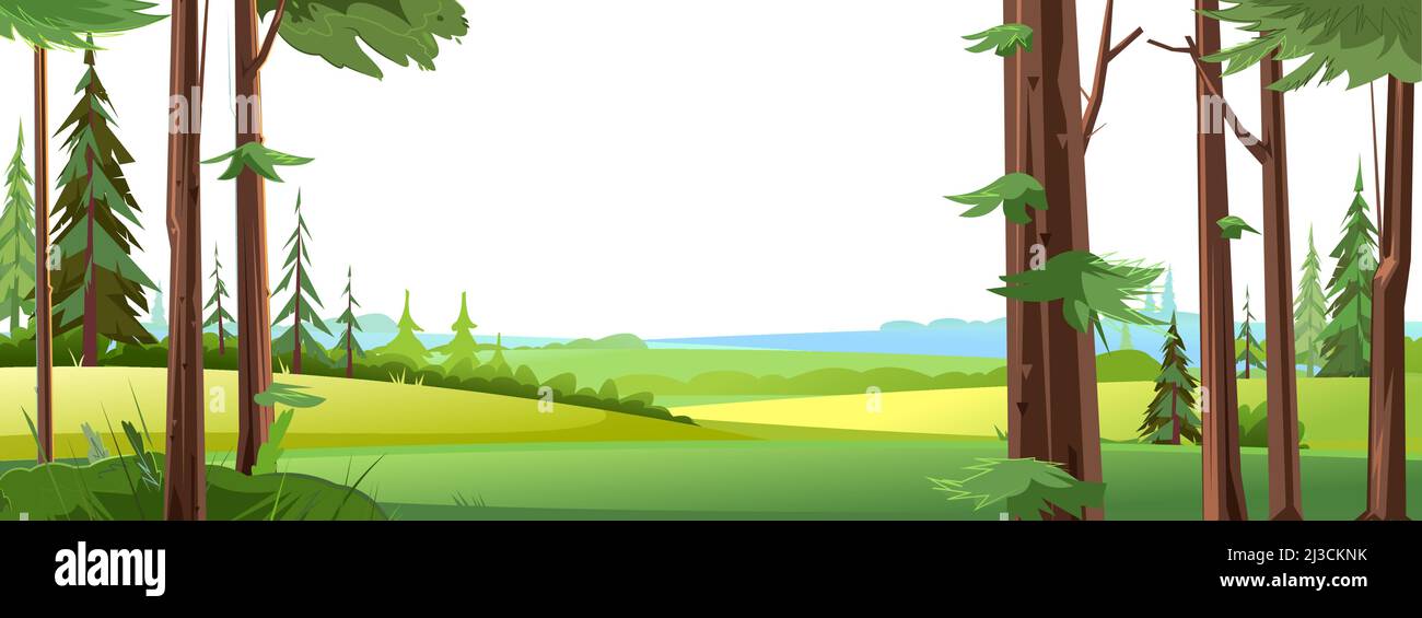 View of rural fields and meadows. Farmer Garden. Beautiful coniferous trees. Summer rural landscape. Illustration in cartoon style flat design Stock Vector