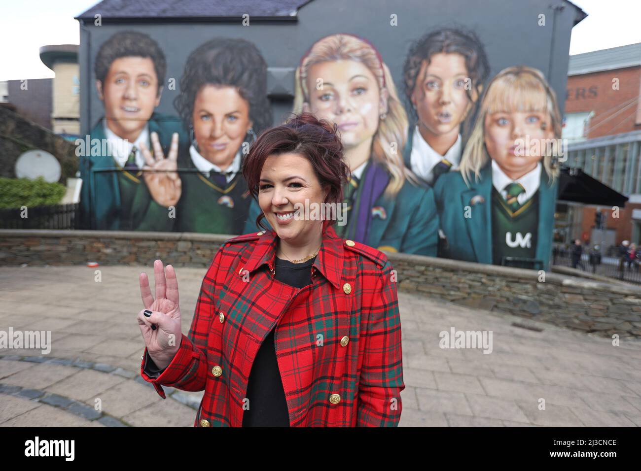Writer Lisa McGee in front of a Derry Girls mural in Dublin, ahead of the premiere for the third series of Channel 4's Derry Girls at the Omniplex Cinema in Londonderry. Picture date: Thursday April 7, 2022. Stock Photo