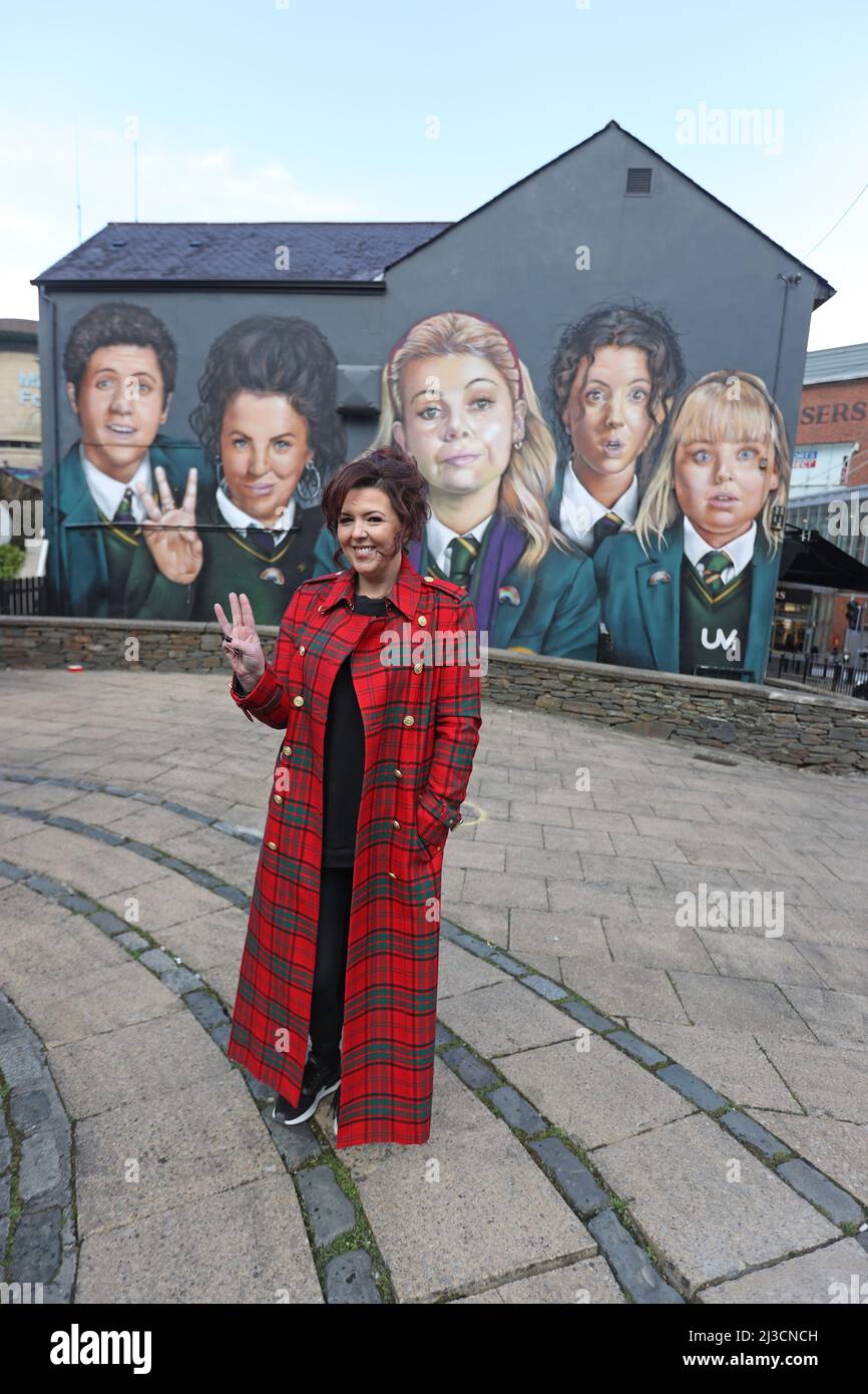 Writer Lisa McGee in front of a Derry Girls mural in Dublin, ahead of the premiere for the third series of Channel 4's Derry Girls at the Omniplex Cinema in Londonderry. Picture date: Thursday April 7, 2022. Stock Photo