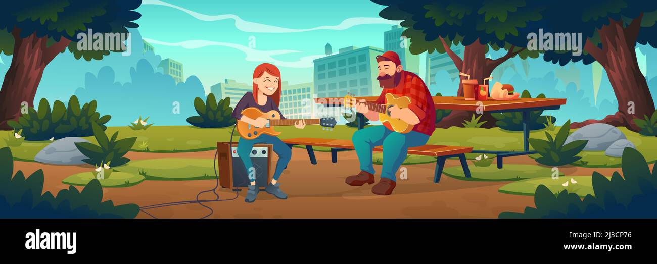 People play music in city park. Musicians with acoustic and electric guitars perform outdoor. Vector cartoon landscape of summer public garden with wo Stock Vector