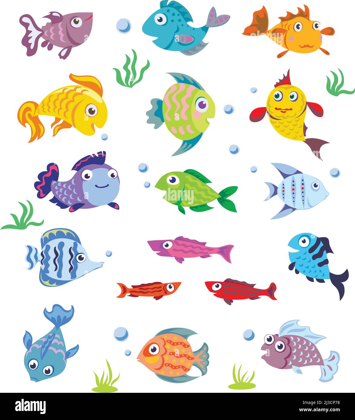 Fish, marine life pattern, set, color, various poses and situations, drawing, vector, images, cartoon Stock Vector
