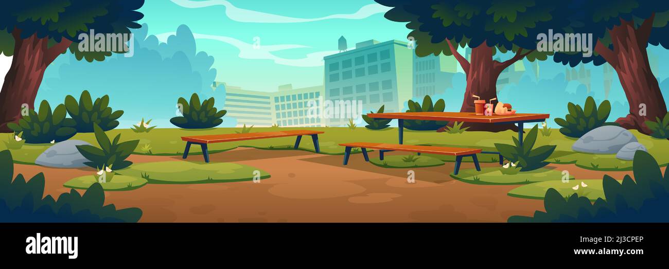 City park with wooden picnic table and benches, green trees, grass with flowers and town buildings on skyline. Vector cartoon summer landscape of empt Stock Vector