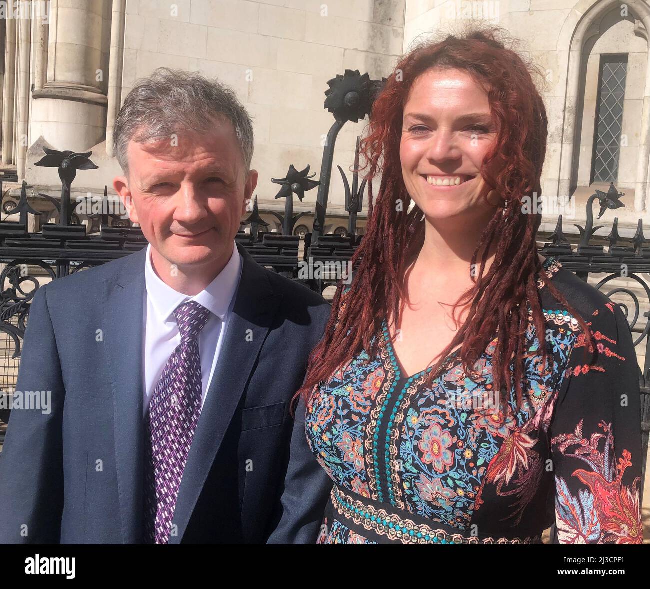 Michael Maher and Sammi Laidlaw outside the Royal Courts of Justice in London. The two protesters involved in anti-vivisection demonstrations, which featured singer Will Young, are waiting for a High Court judge's ruling after being accused of breaking an injunction. Bosses at MBR Acres, which breeds animals for medical and clinical research, have accused Maher and Laidlaw of entering an exclusion zone at a company site in Wyton, Cambridgeshire, in November - in breach of a judge's order. Issue date: Thursday April 7, 2022. Stock Photo