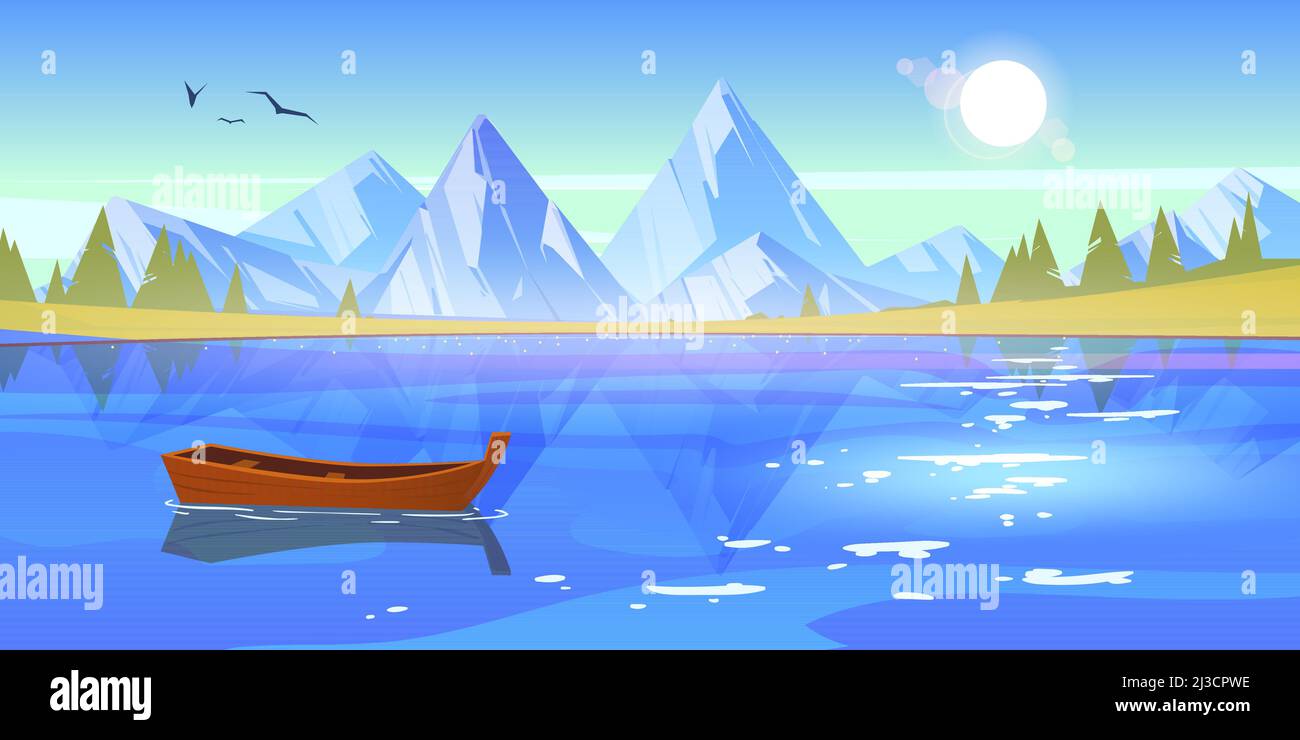 Wooden boat on lake, pond or river with mountains and spruce trees around. Lonely wood skiff at beautiful landscape with birds flying in blue sunny sk Stock Vector