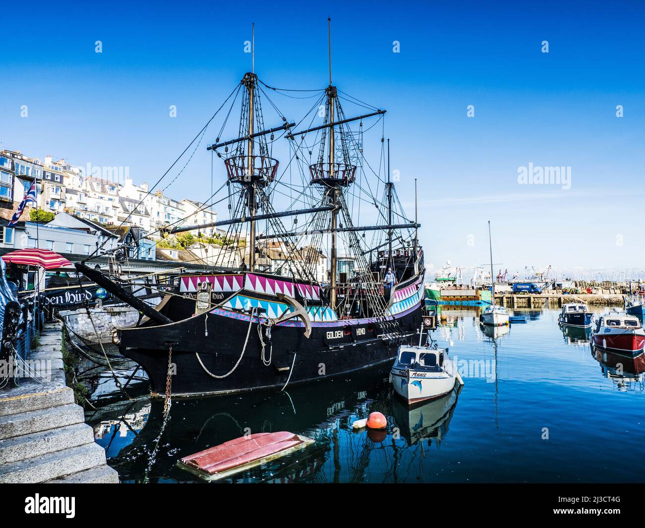 The full sized replica of The Golden Hind, Sir Francis Drake's famous galleon, which is permanently moored in Brixham harbour, Devon. Stock Photo