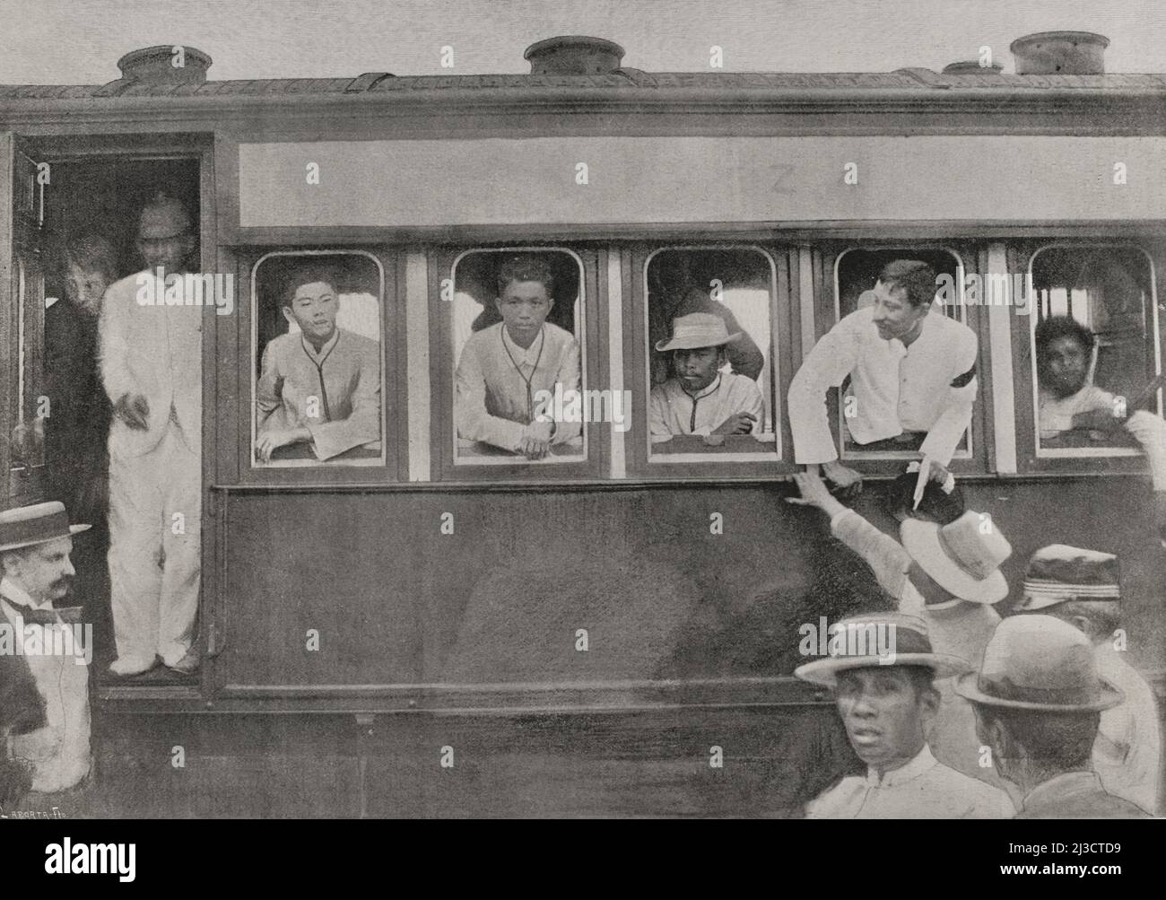 Philippines. Philippine Revolution (1896-1898). Armed conflict between the Spanish colonial government and the Philippine insurgents. Submission of the main leaders of the Philippine uprising. Tagalog leaders on the train that took them to Dagupan. Photoengraving by Laporta. La Ilustración Española y Americana, 1898. Stock Photo