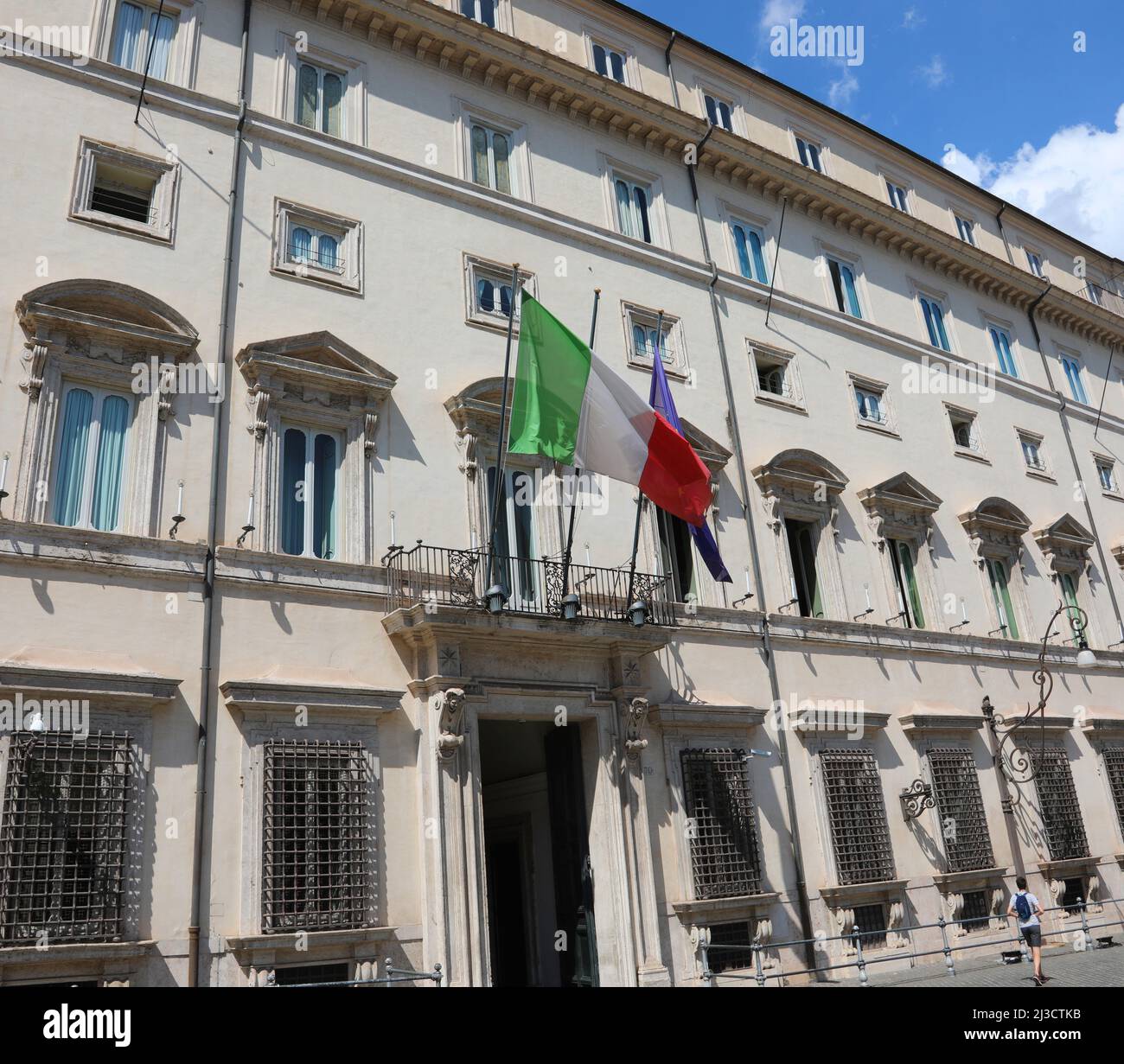 Rome, RM, Italy - August 18, 2020: Italian and European Flags of Chigi Palace seat of Italian Senate Stock Photo