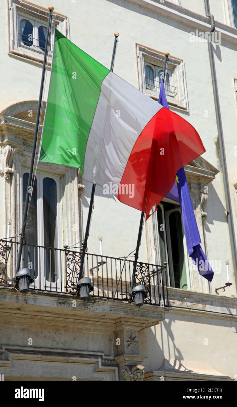 Rome, RM, Italy - August 18, 2020: Big Italian flag of Palace Chigi seat of governent Stock Photo