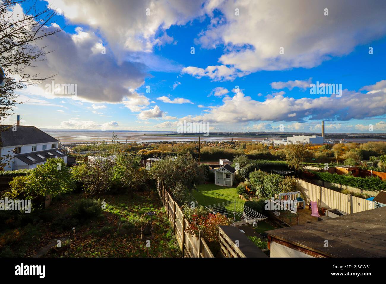 View over gardens, overlooking the River Mersey Marshes, Runcorn Stock Photo