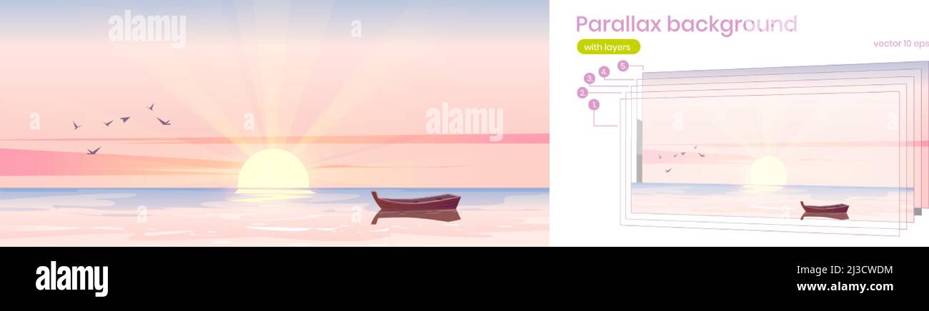 Sea landscape with wooden boat at sunrise. Vector parallax background for 3d animation with cartoon illustration of morning seascape or ocean, flying Stock Vector