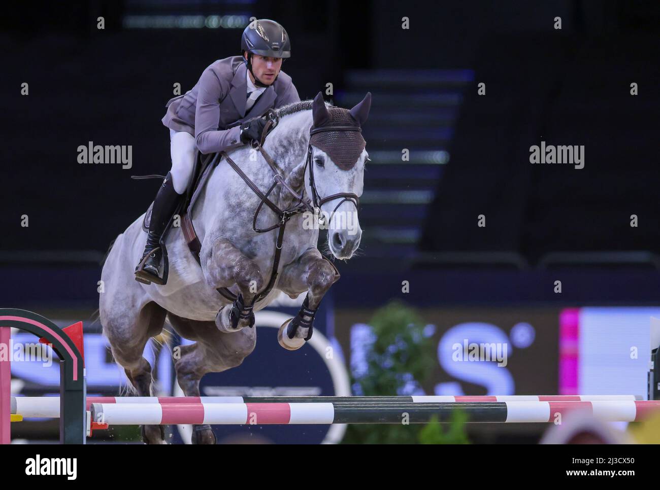 Leipzig, Germany. 07th Apr, 2022. Christian Kukut from Germany competes on Checker in the 1st Final of the Longines Fei Jumping World Cup at the Leipzig Fair. Credit: Jan Woitas/dpa/Alamy Live News Stock Photo