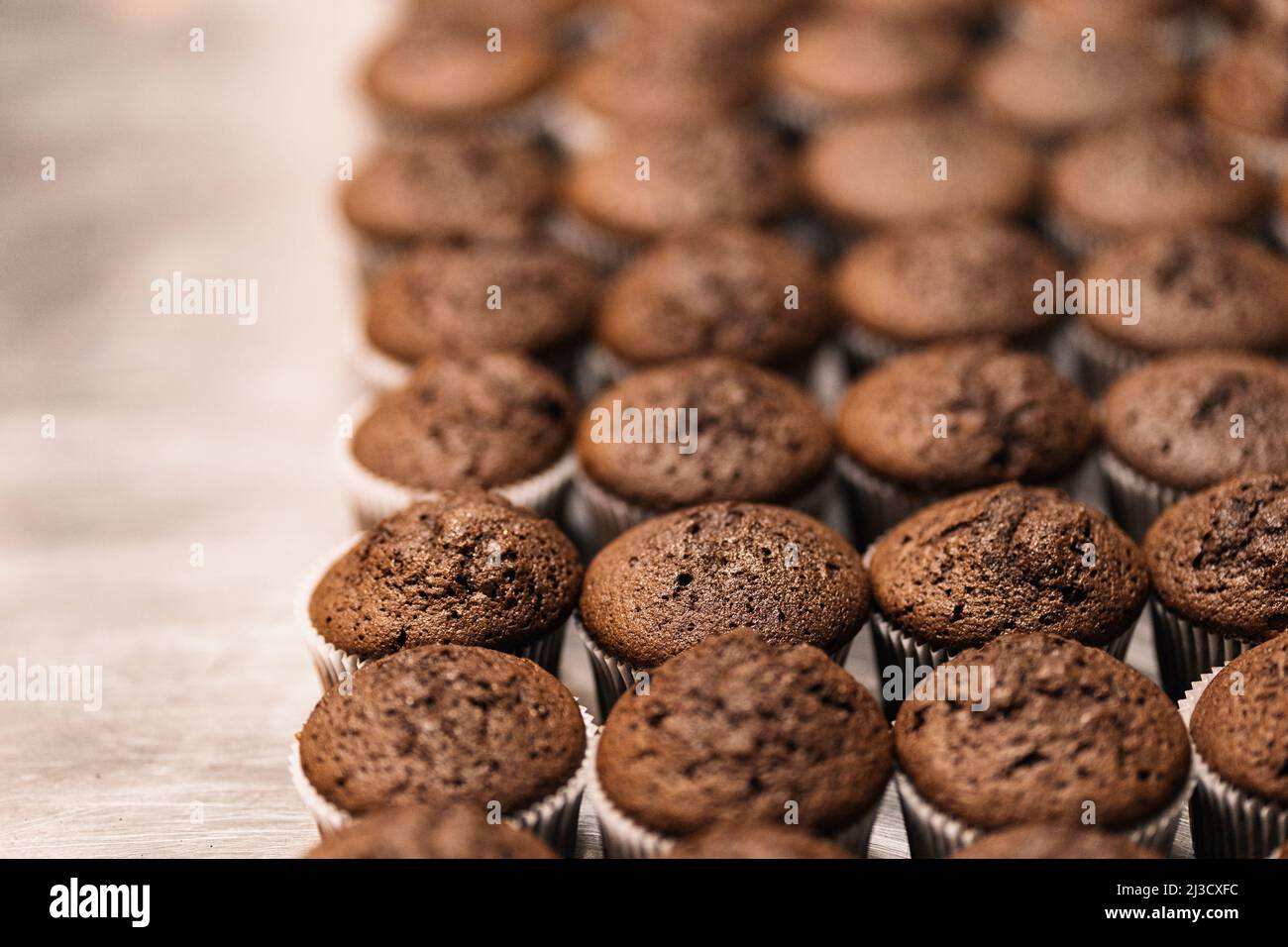 From above soft focus of many tasty chocolate cupcakes arranged in rows on table in bakery Stock Photo