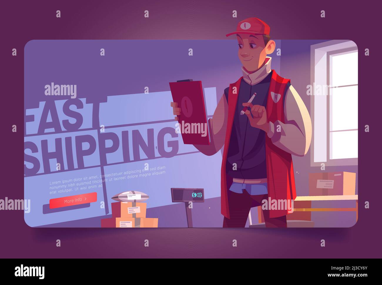 Fast shipping poster with man in warehouse with package boxes and