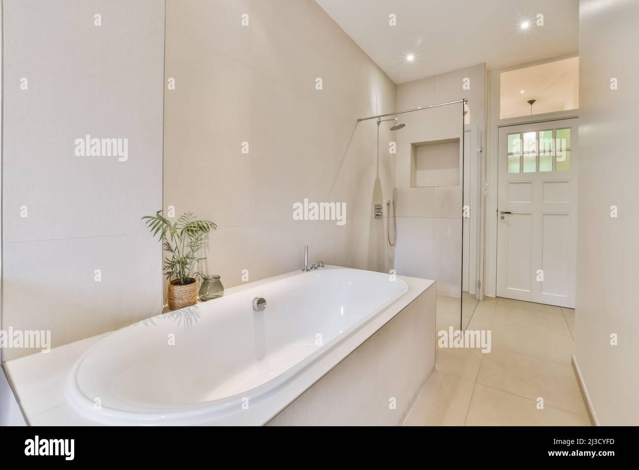 Bathtub and shower cabin placed at wall in light spacious bathroom with