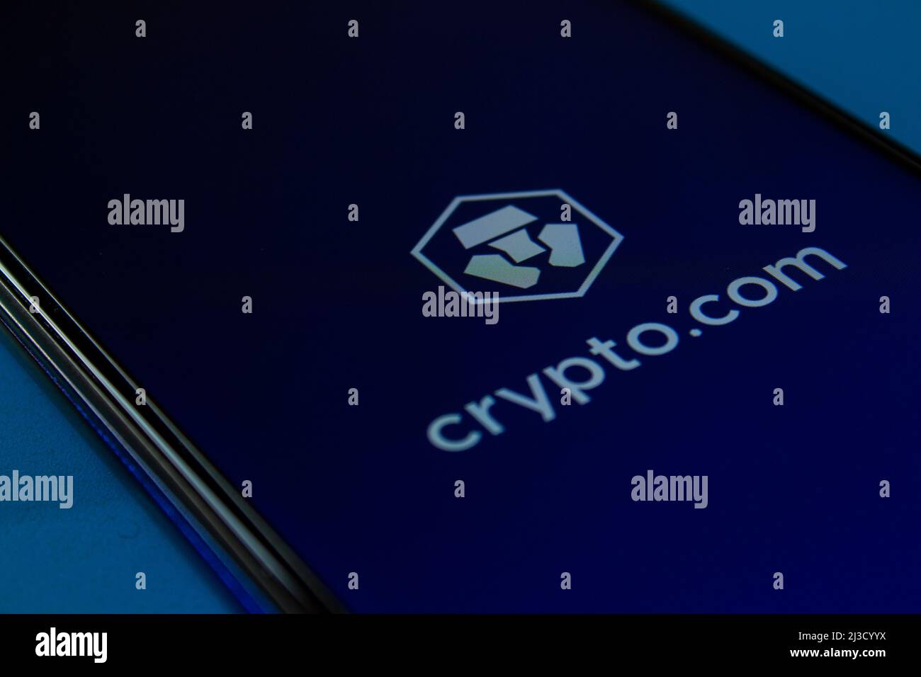 Crypto.com mobile application logo on smartphone screen.  Afyonkarahisar, Turkey - April 6, 2022. Stock Photo